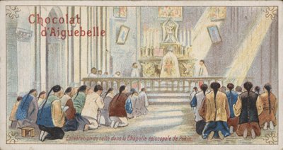 Chrétiens adorant dans la chapelle épiscopale de Pékin (chromolithographie) - French School