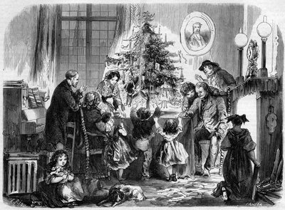 Fête de Noël en Alsace : une famille réunie autour du sapin de Noël. Gravure dans "Le Monde Illustré" n°38 du 2 janvier - French School