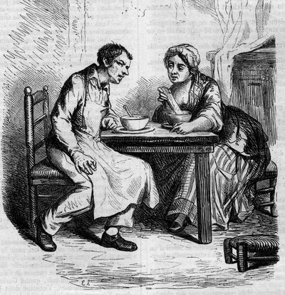 Christophe et la grosse Sylvie : domestiques prenant leur petit-déjeuner. Gravure du milieu du XIXe siècle. Illustration pour « Le Père Goriot » par Honoré de Balzac - French School