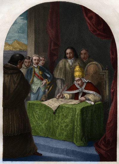 Clément XIV (Clemente ou Clemens) (1705-1774) abolissant la Société des Jésuites le 21 juillet 1773. Gravure de 1842 dans « Histoire des papes : crimes, meurtres, empoisonnements, parricides, adultères, incestes... » par Maurice Lachatre. Collection privée - French School