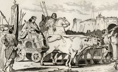 Clovis III (682-95) dans un char tiré par des bœufs, avec Pépin II de Herstal (c.714) à ses côtés, de 