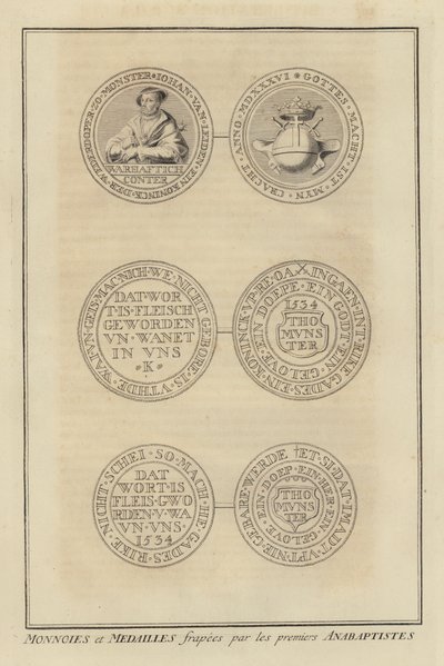 Pièces et médailles frappées par les premiers anabaptistes (gravure) - French School