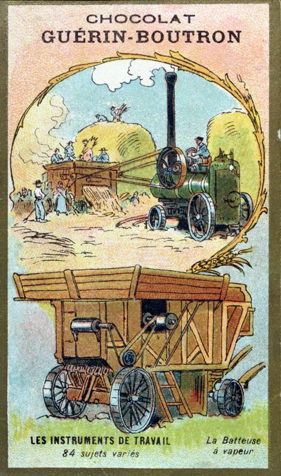 Carte de collection de Chocolat Guerin-Boutron représentant une machine à battre à vapeur - French School