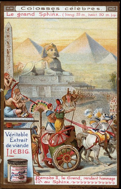 Colosse célèbre : le Grand Sphinx (long 55m, haut 20m) : Ramsès II, le Grand, rendant hommage au Sphinx - Chromolithographie Liebig - French School