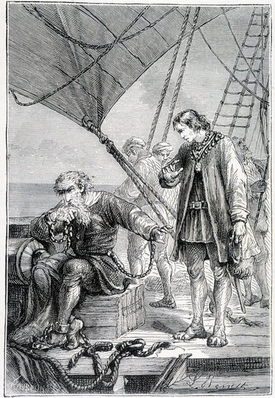 Colomb ligoté comme un méchant (sur le pont du navire), ill. « Découverte de la Terre » par Jules Verne, éd. Hetzel, 19e siècle - French School