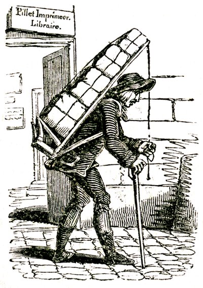 Commissionnaire (coursier) au 19e siècle quittant le libraire Pillet à Paris, portant une charge de livres sur son dos. - French School