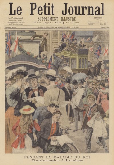 Inquiétude à Londres face à la maladie du roi Edouard VII (lithographie couleur) - French School