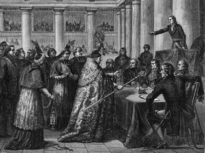 Concordat de 1801 - Signature du Concordat entre la France (en présence de Napoléon Bonaparte) et le Saint-Siège (gravure) - French School