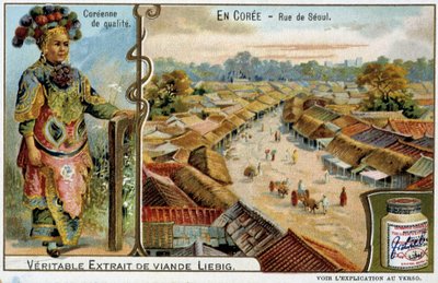 Corée : rue de Séoul et costume féminin - chromo Liébig, v.1900 - French School