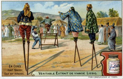 Corée : sport féminin de saut sur échasses - chromo Liébig, v.1900 - French School