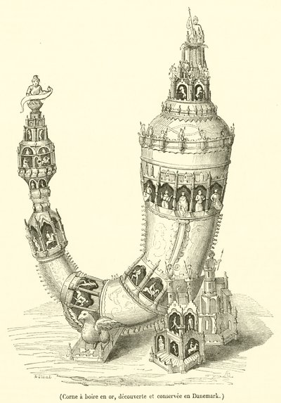 Corne a boire en or, decouverte et conservee en Danemark (engraving) - French School