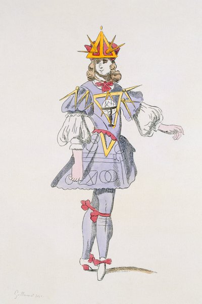 Conception de costume pour la Géométrie dans un ballet de cour du XVIIe siècle, de la collection Menus Plaisirs, fac-similé par A. Guillaumot Fils (gravure en couleur) - French School