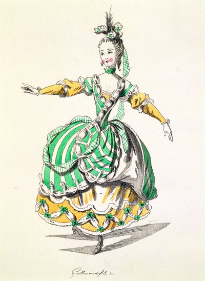 Costume pour Phrygienne, dans Dardanus, un livret de Leclerc de Labruère, composé par Jean-Philippe Rameau (1683-1764) fac-similé par A. Guillaumot Fils (gravure en couleur) - French School