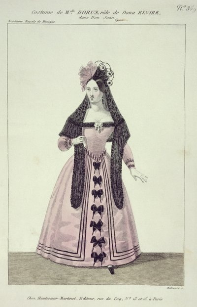 Costume pour Mademoiselle Dorus dans le rôle de Donna Elvira dans Don Giovanni, gravé par Maleuvre, imprimé par Hautecoeur-Martinet - French School