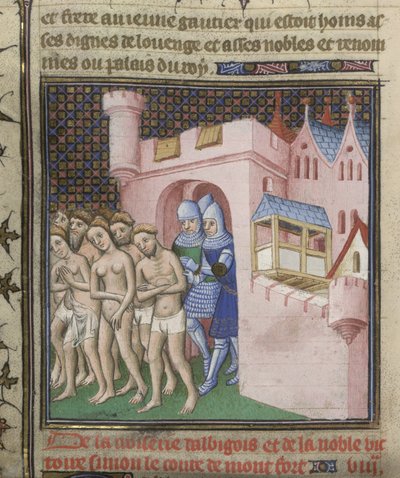 Cotton Nero E. II pt.2, f.20v Expulsion des Albigeois de Carcassonne en 1209, tiré des 