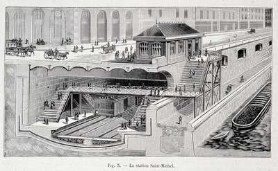 Coupe de la station de métro St Michel à Paris dans "La nature" 1899 - French School