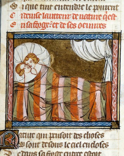 Couple au lit. Miniature tirée du Roman de la Rose de Jean de Meun - French School