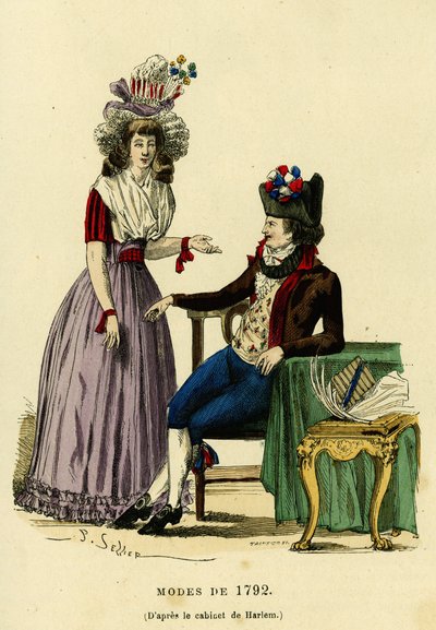 Couple à la mode de 1792. Gravure en couleurs d