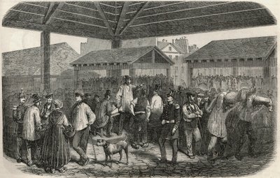 Criée de la viande de boucherie au marché de la rue des Prouvaires dans le 1er arrondissement de Paris - Gravure dans « Tableau-de-Paris » par Edmond Texier 1852 - French School