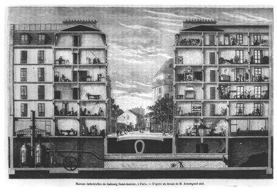 Coupe transversale de maisons industrielles au Faubourg Saint-Antoine à Paris, illustration de Le Magasin Pittoresque, 1885 - French School