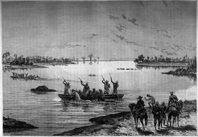 Traversée du Niger en bateau par des missionnaires. Gravure dans le journal illustre "La jeunesse" - French School