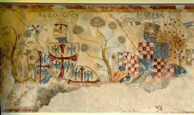 Croisade : départ des Chevaliers pour la Croisade : représentation de Saint Georges et Hugues Ier de Vermandois (1057-1102) (?) ou Hugues XII de Lusignan (?). (détail) - French School