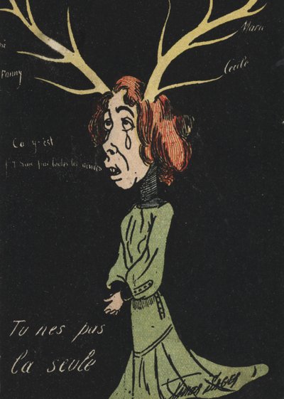 Femme pleurant avec des bois de cerf (lithographie en couleur) - French School