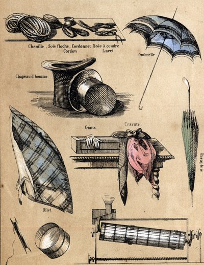 La culture et les produits de la soie : accessoires et objets (gants, chapeaux, parapluie, gilet, tamis, lignes de pêche, fil à coudre, corde). Planche « la soie » dans « les Récréations instructives » - French School