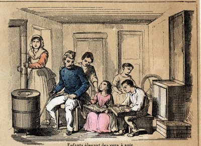 Description de la culture et des produits de la soie : des enfants élevant des vers à soie. Planche "La soie" dans "Les Récréations instructives" peinture synoptique de Jules Delbruck, gravure de 1860. Collection privée. - French School