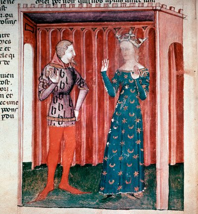 Cycle du roi Arthur : le chevalier Lancelot du Lac et la reine Guenièvre. Miniature du manuscrit « La quête du saint graal » (ms. fr 343 fol. 6) 1380-1385 Paris B.N. - French School