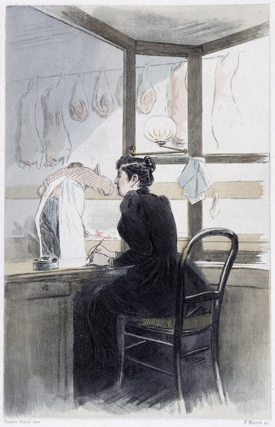 Dame de caisse (chez le boucher) - dans "La femme à Paris" par Pierre Vidal - French School