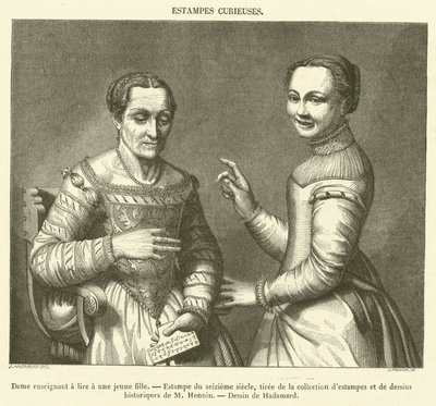 Dame enseignant à lire à une jeune fille, Estampe du seizième siècle - French School