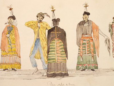Danse indigène de Buru, Moluques, aquarelle de Jules-Louis Lejeune, basée sur Voyage autour du monde - French School