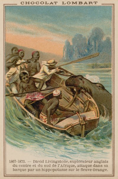 Le bateau de David Livingstone attaqué par un hippopotame sur le fleuve Orange, Afrique, 1867-1873 - French School