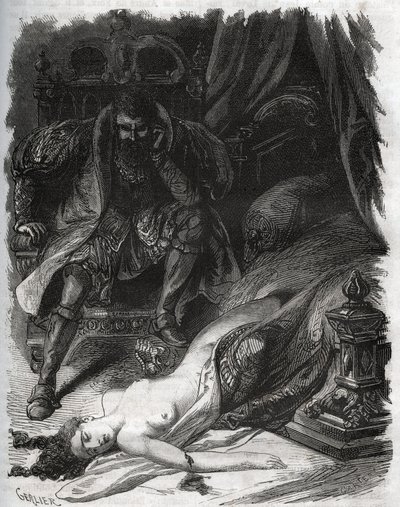 Mort de Françoise de Foix, Comtesse de Châteaubriant (ca. 1495-1537), assassinée par son mari Jean de Laval Comte de Châteaubriant (Laval-Châteaubriant) (1486-1543), qui se vengea ainsi des infidélités de sa femme. Gravure de 1871 dans « Histoire Des - French School