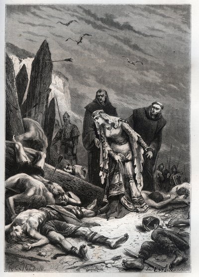 Mort du roi Harold II (1022-1066) à la bataille de Hastings en 1066 - Edith Swannesha (Swanneck), dite Edith la Juste (1025-1086) découvre le corps de son mari - French School