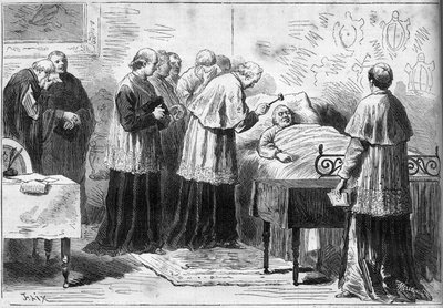 Décès du pape Pie IX (Pio) (1792-1878) : rituel de reconnaissance de la mort du pape. Un cardinal frappe le front du défunt avec un marteau en argent. Gravure dans « Le Monde Illustré » n°1089 du 16 février 1878 - French School