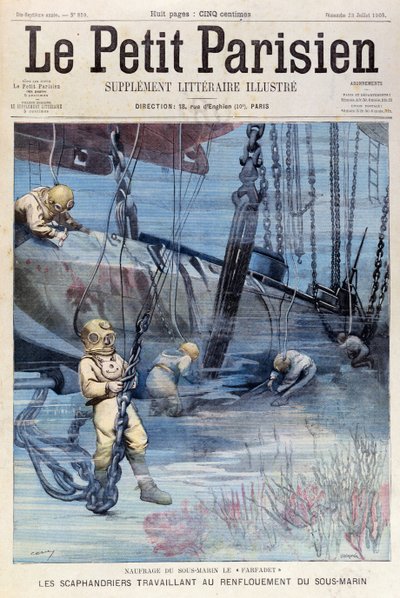 Plongeurs en haute mer tentant de relever le Farfadet, du Petit Parisien, 23 juillet 1905 - French School