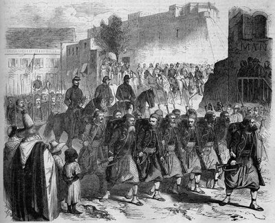 Défilé des 2e Zouaves, de retour de Kabylie, devant le général de Montauban. Oran, Algérie - French School