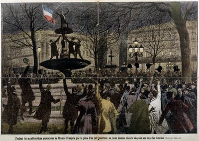 Manifestations devant le Théâtre Français provoquées par un déserteur juif, un jeune homme brandissant le drapeau français : le pèlerin - French School
