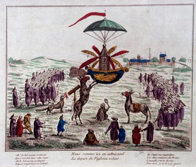 Départ de la satire du navire volant sur la machine volante imaginée par Jean-Pierre Blanchard (1753-1809) : des ânes, des singes et des aveugles regardent l