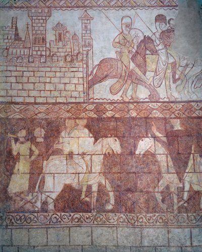 Départ des chevaliers templiers croisés en 1163 de leur château syrien de Krak des Chevaliers pour la bataille de Boquée - French School