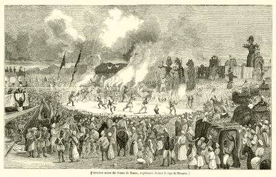 Derniere scene du drame de Rama, represente devant le raja de Benares (engraving) - French School