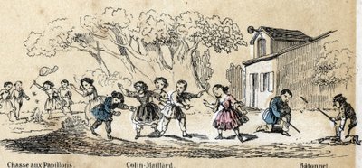 Description des loisirs et jeux des enfants : jeux en plein air, chasse aux papillons, kickel et bâton - French School