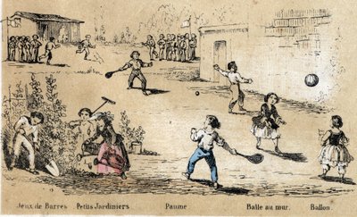 Les loisirs et jeux des enfants : jeux de balle et de ballon (balle au mur, jeu de paume) et jardinage. Planche « les jeux de l