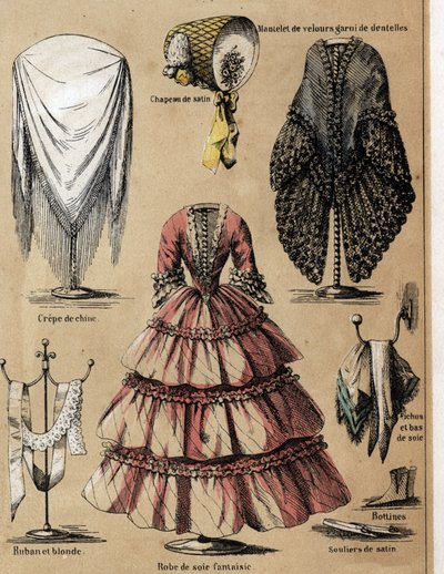 Description de la culture et des produits de la soie : une lime en crêpe de chine, un manteau en velours avec dentelle, des manches en soie et une robe de fantaisie. Planche "La soie" dans "Les Récréations instructives" peinture synoptique de Jules Delbruc - French School