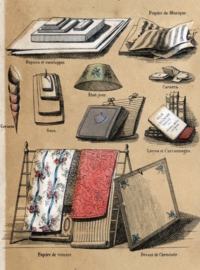 Description des différents produits et usages du papier : différents objets fabriqués à partir de papier (enveloppes, partitions, sacs, abat-jour, cahiers et livres, papier peint. Planche « Le papier et ses produits » dans « Les Récréations instructives »  - French School