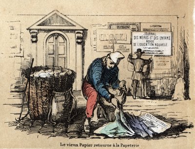 Description des divers produits et usages du papier : le vieux papier est ramassé pour redevenir chiffon. Planche "Le papier et ses produits" dans "Les Récréations instructives" par Jules Delbruck - French School