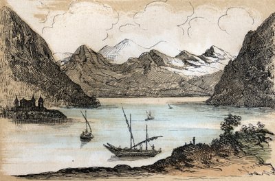 Description des différents types de paysages et reliefs selon la géographie : détail représentant le lac Léman. Planche "Géographie physique" dans "Les Récréations instructives" par Jules Delbruck - French School