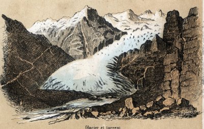 Description des différents types de paysages et reliefs selon la géographie : détail représentant un glacier (ou mer de glace) dans une chaîne de montagnes. Planche "Géographie physique" dans "Les Récréations instructives" peinture synoptique de Jules Delb - French School